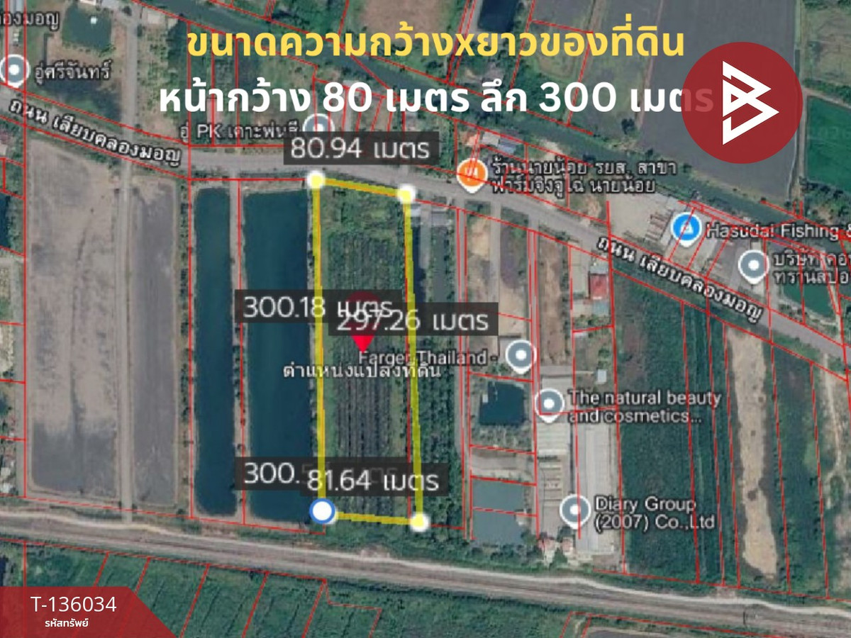 ขายที่ดินแปลงใหญ่ เนื้อที่ 13 ไร่ 2 งาน 36 ตารางวา ถนนเลียบคลองมอญ ลาดกระบัง กรุงเทพฯ